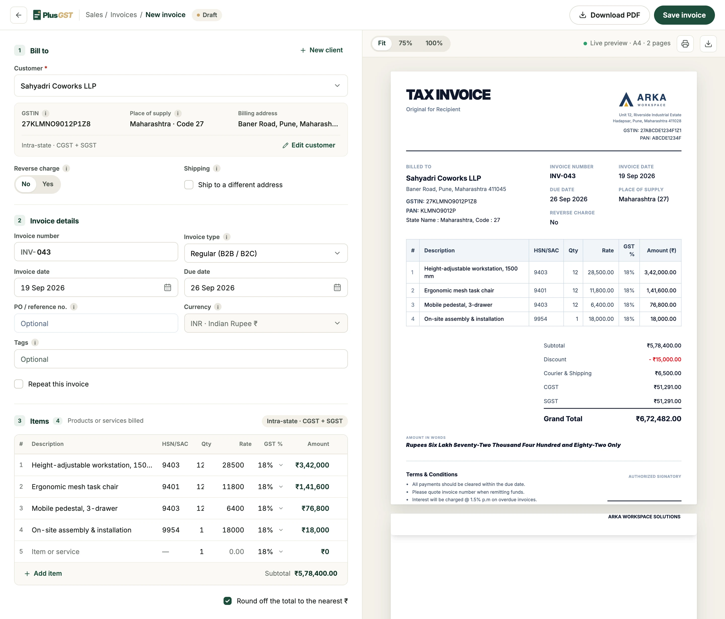 The Bill to section: the chosen client with their GSTIN, place of supply and billing address, the supply marked intra-state, CGST and SGST, and the reverse charge and shipping options.