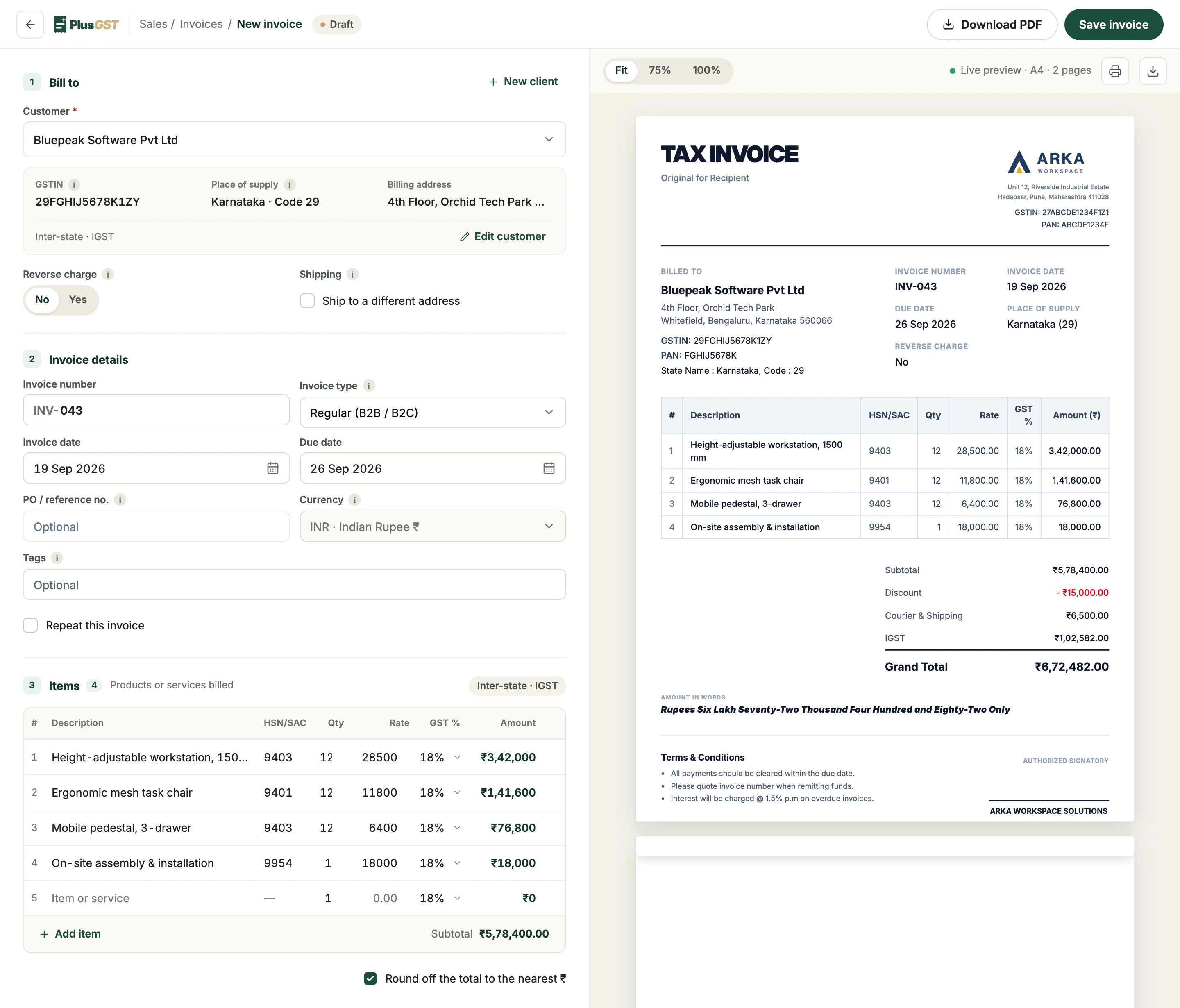 The PlusGST invoice builder. A customer in Karnataka is billed by a business in Maharashtra, so the supply is marked inter-state, IGST: the invoice details and four line items with HSN codes, quantity, rate and 18% GST fill the form, and the live preview beside it shows the finished tax invoice with a ₹15,000 discount, ₹6,500 courier and shipping, IGST of ₹1,02,582, a grand total of ₹6,72,482 and the amount in words.