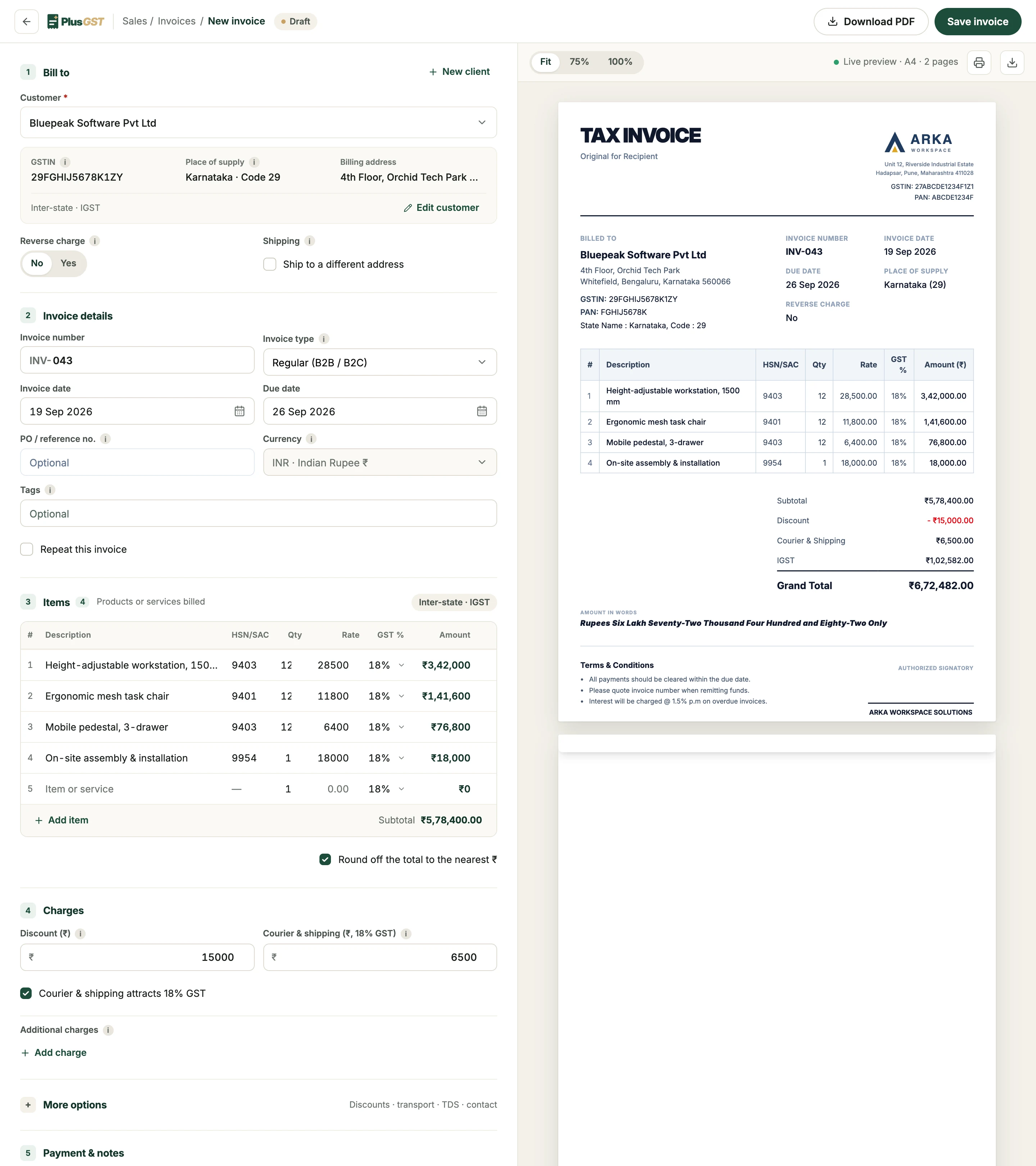 The invoice builder's Charges section: a ₹15,000 discount and ₹6,500 courier and shipping, with Courier & shipping attracts 18% GST ticked, and a place to add other charges.