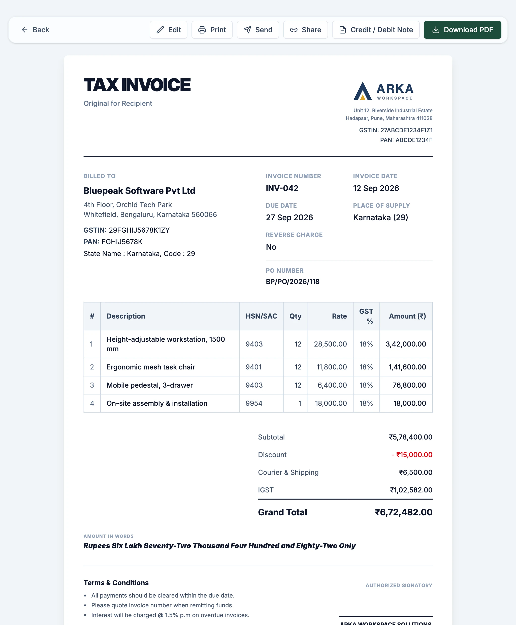 A saved invoice with its actions above it: Edit, Print, Send, Share, Credit or Debit Note and Download PDF.