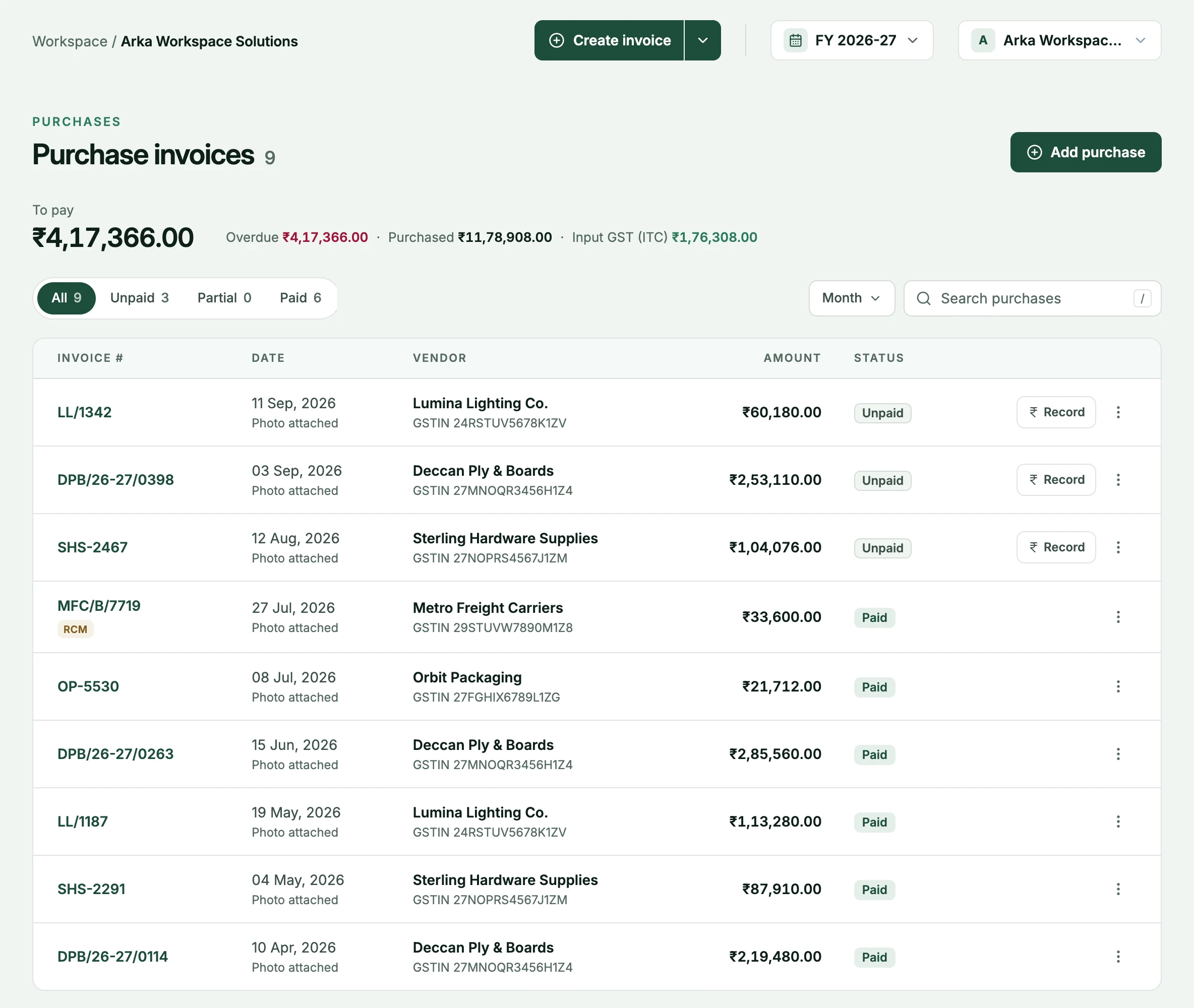 The PlusGST purchases list: ₹4,17,366 to pay beside the year's purchases and input GST, and each supplier bill with its number, date, vendor, GSTIN, amount and paid or unpaid status, one marked RCM for reverse charge.