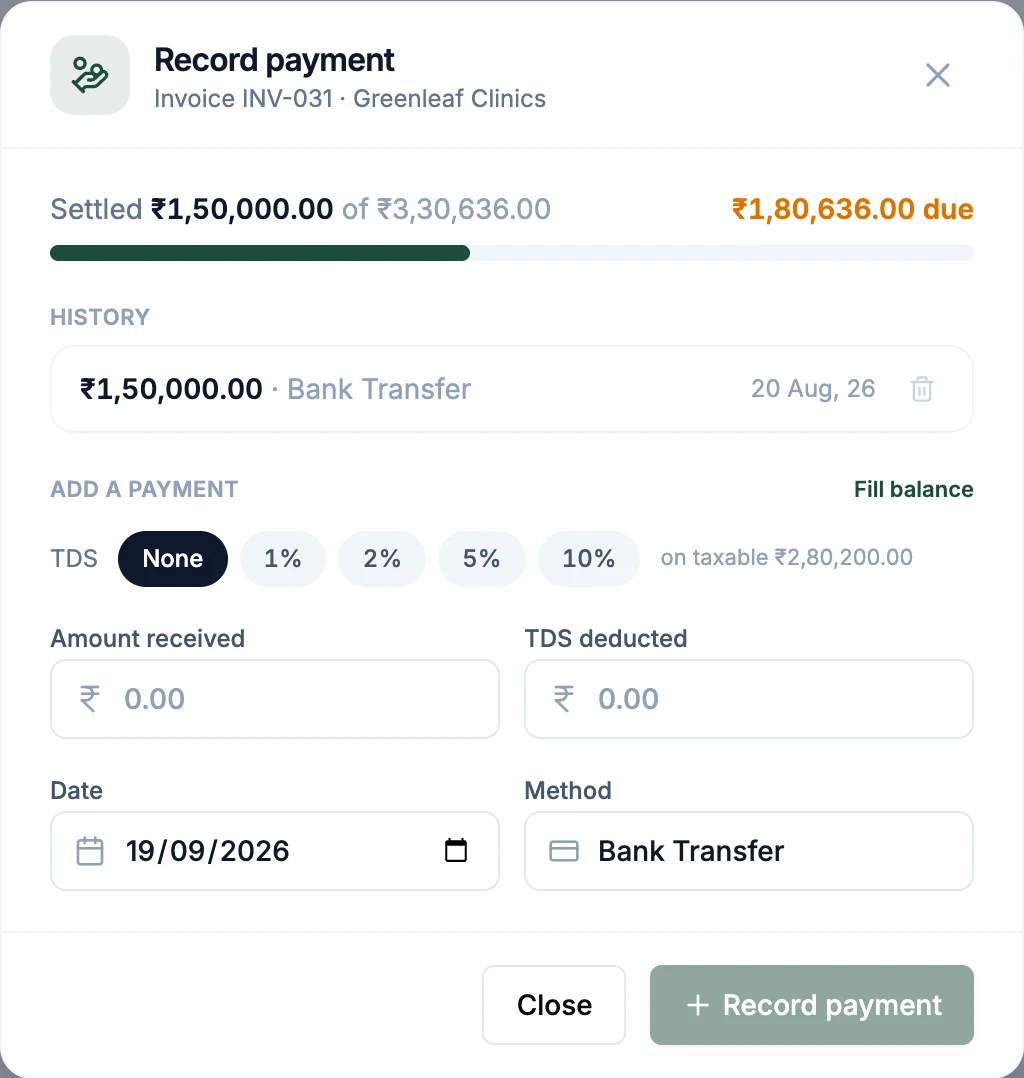 The Record payment window for one invoice: ₹1,50,000 settled of ₹3,30,636, one earlier bank transfer in the history, TDS options, and fields for the amount received, TDS deducted, date and method.