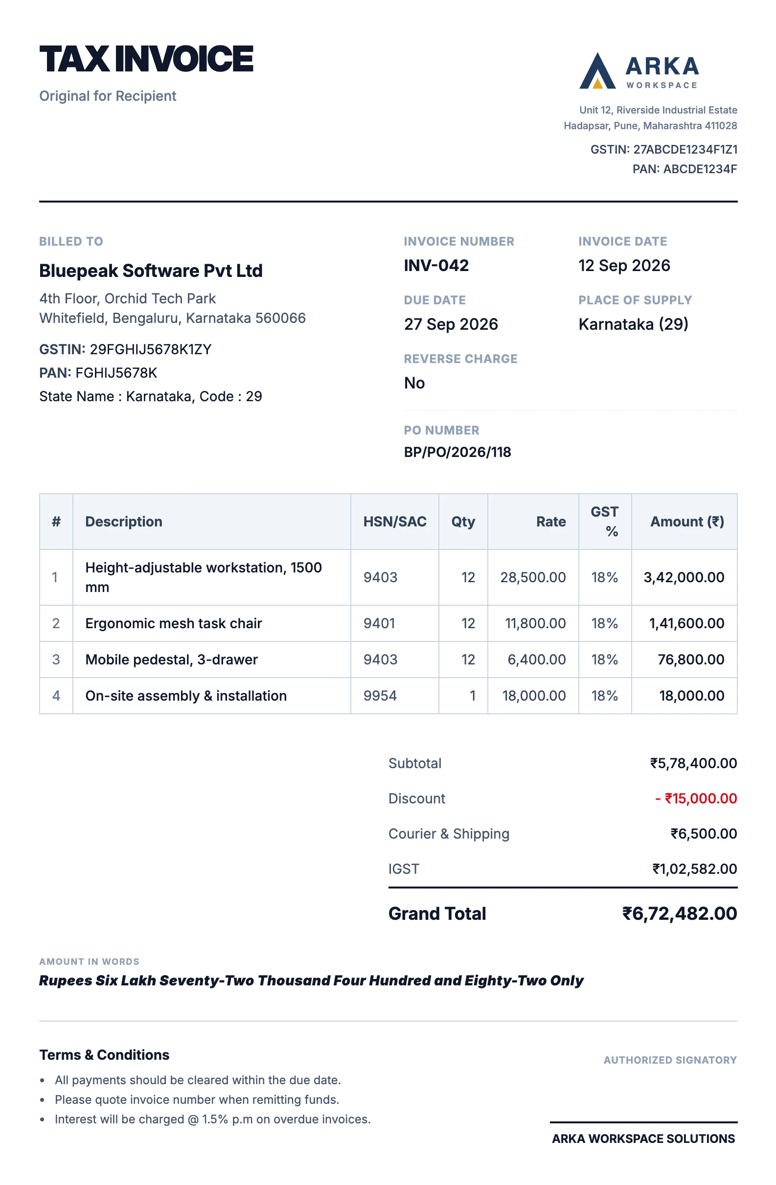 A tax invoice in the Modern template: a large TAX INVOICE heading, the business logo at the top right, billed-to details, a bordered item table with HSN codes, and totals with IGST, the grand total and the amount in words.
