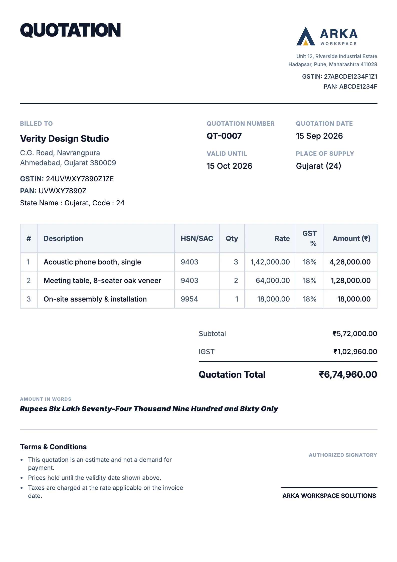 A quotation printed in the same Modern design as the invoice: the heading reads QUOTATION, it carries a quotation number, date and a Valid Until date, the same item table and a quotation total, and no bank details.